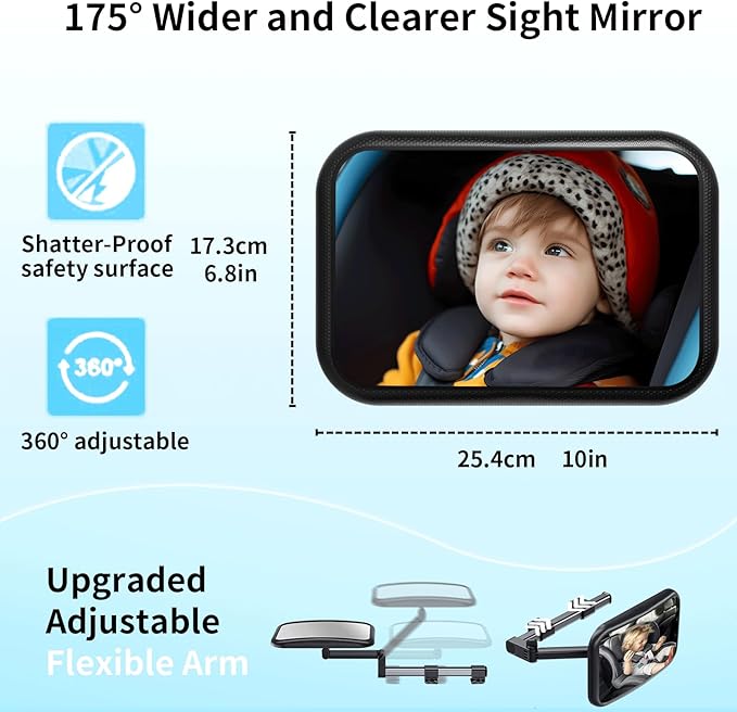 Baby Car Mirror Rear Facing, Safety Adjustable Car Seat Mirror for Baby Extendable Camera Monitor with Hook Clip Design Clear View ShatterProof + 2 Baby on Board Stickers,2 Seat Headrest Hook