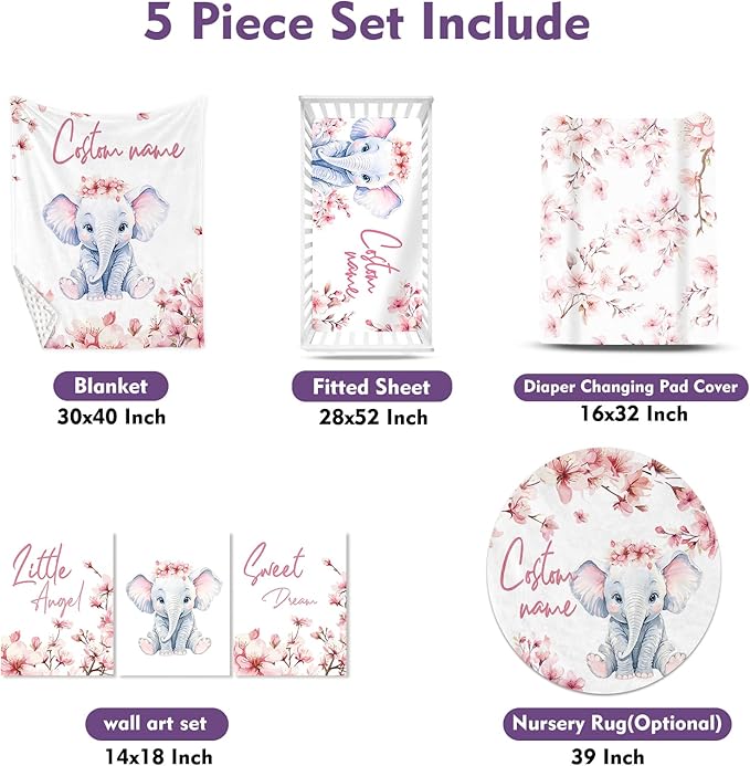 Personalized Nursery Crib Bedding Set: Custom Name 5 Piece Baby Crib Sets with Pink Flower and Elephant Pattern - Toddler Double Layer Blanket Set, Comfortable Crib Bed Sheets for Baby Grils