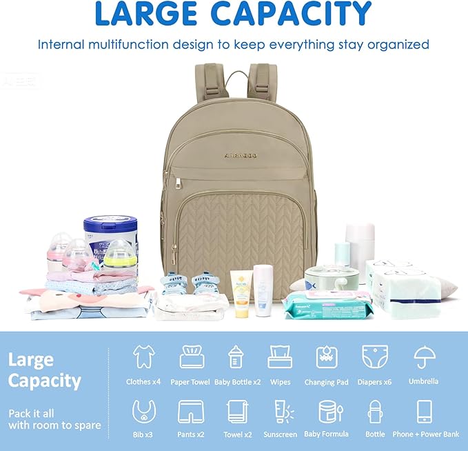 KABAQOO Baby Diaper Bag Backpack, Waterproof Diaper Backpack for Mom & Dad with Changing Pad, Insulated Pockets and Stroller Straps, Baby Shower Gifts for Girls & Boys, Brown Taupe