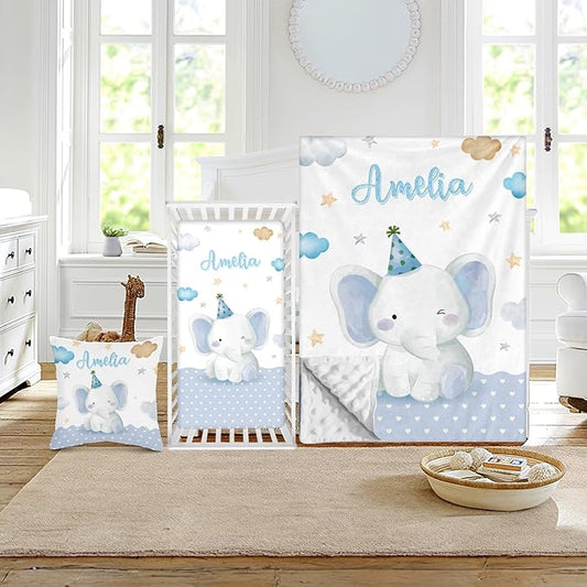 Custom Crib Bedding Set - Elephant Design Personalized Name Baby Nursery Bed 3 Pcs Set - Chic Soft Blanket with Dotted Backing, Sheet, Pillowcase for Newborn Girls Boys Gifts Color18