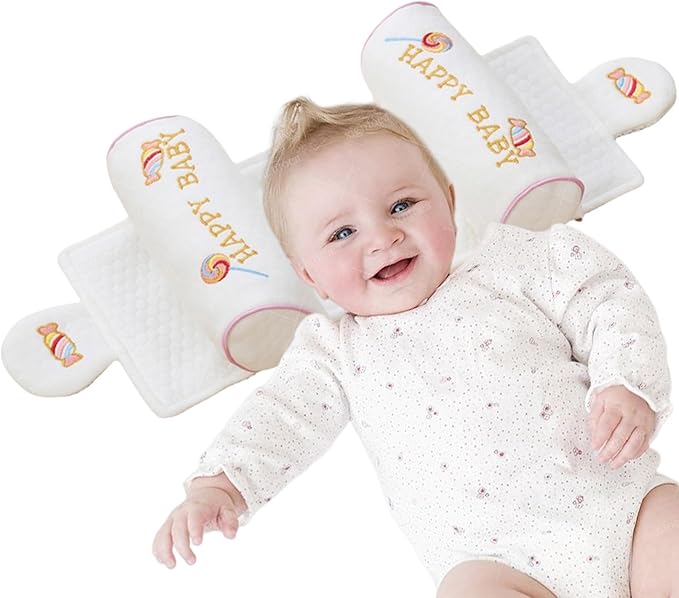 Kariney Baby Pillow, Compariston All-Season Breathable Pillow for Baby Development, Organic Cotton Adjustable Infant Head Cushion (Pink,Cute)