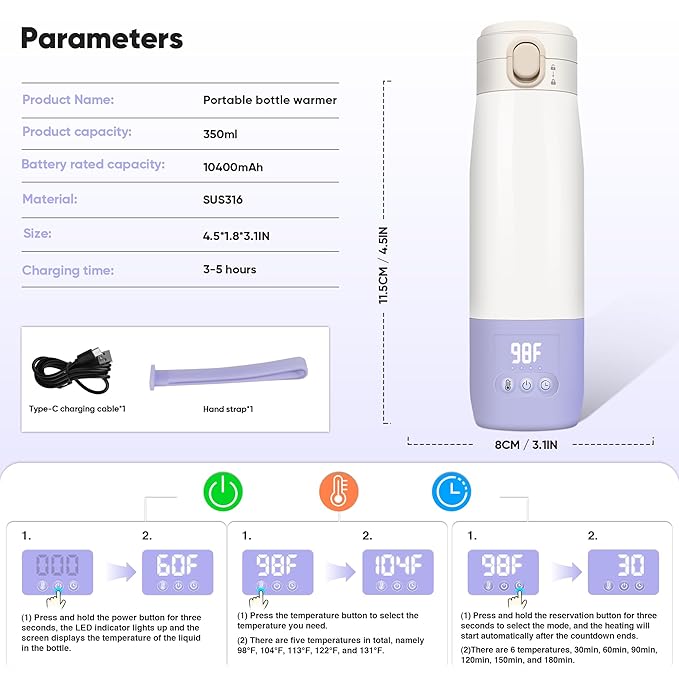 Portable Bottle Warmer for Travel, Bottle Warmer On The Go with Quick Heating, Preset Modes and Precise Temperature Control, Water & Milk Warmer with Long Battery Life, Purple