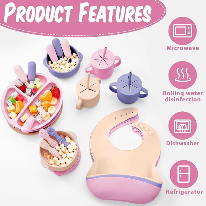 Yinder 24 Pack Silicone Baby Feeding Set Baby LED Weaning Supplies Includes Suction Divided Plates Soft Bowl Spoons Forks Adjustable Bib Snack Cup and Straws (Purple, Pink, Nude)