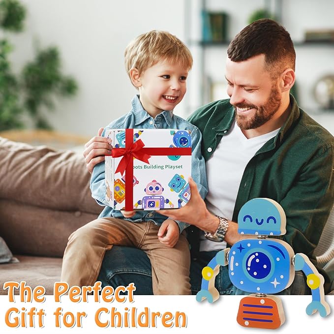 Robots Wooden Snap-Together Building Toys – 28-Piece STEM Montessori Educational Blocks for Toddlers Ages 3–6 | Fine Motor Skills Development | Safe, Durable, Creative Robot Toys Gift for Kids