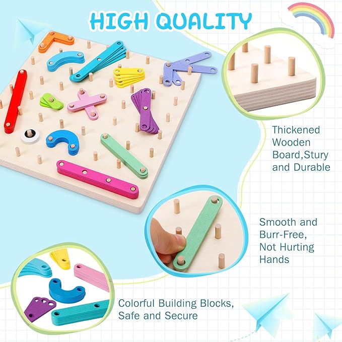 Wooden Montessori Toy for Toddlers, Letter Number Construction Set Pegboard Puzzle Stacking Blocks, Preschool Learning ABC Shape Educational Toys for Kids Boys Girls