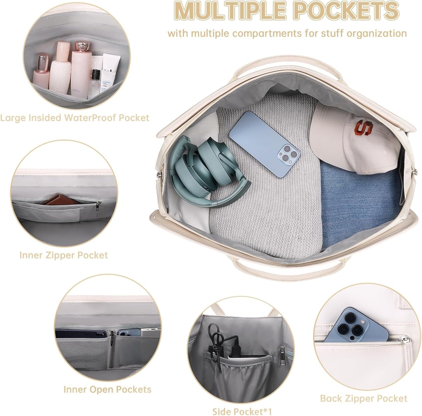 ETRONIK Weekender Overnight Bags for Women, Large Travel Duffle Bags with Shoe Compartment & Wet Pocket, Carry On Tote Bag Gym Duffel Bag with Toiletry Bags for Hospital 3 Pcs Set, Large Size, Beige