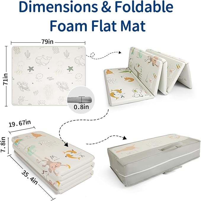 Foldable Baby Play Mat, 79x71 Inch Thick 0.8 Inch XPE Foam Waterproof, Extra Large Crawling Mat for Floor Kids Infant Training Non-Slip Reversible