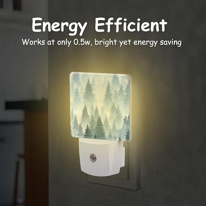 Watercolor Foggy Forest Night Light Plug into Wall with Dusk to Dawn Sensor Energy Efficient LED Nightlight for Women Girls Boys Room Decor,Hallway,Kitchen,Bathroom,Nursery,Stairs