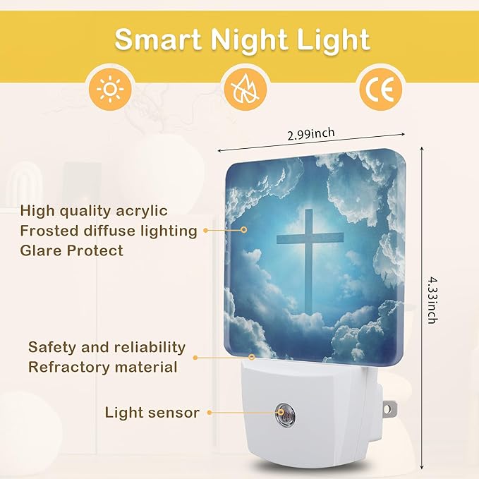 Cross Heaven Night Light with Dusk to Dawn Light Sensors, Plug-in Wall Led Night Lights, Energy Efficient Lamp for Bedroom/Bathroom/Kitchen/Hallway/Stairs