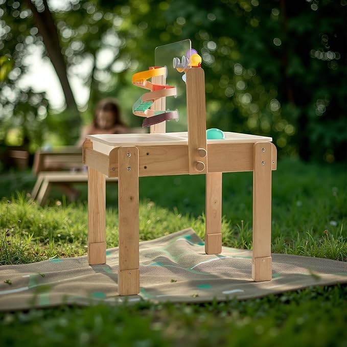 bopoobo Sand and Water Table for Toddlers, 4 in 1 Kids Wooden Sensory Activity Table with 2 Storage Bins, Painting Acrylic Board, Slide Track Toy & Windmill Suction Cups Toy, Beach Accessories