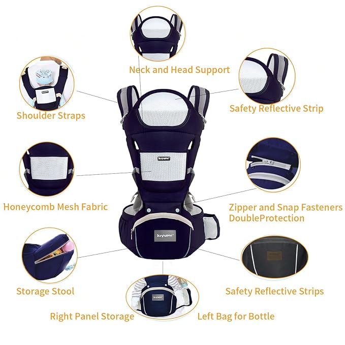 KIYUMI Baby Carrier with Hip Seat, Ergonomic M Position, Newborn to Toddler, Head Support and Breathable Mesh,Adjustable Removable 6- in-1 Baby Baby Sling Carrier (7-45 lbs) for Mom Dad,Darkblue