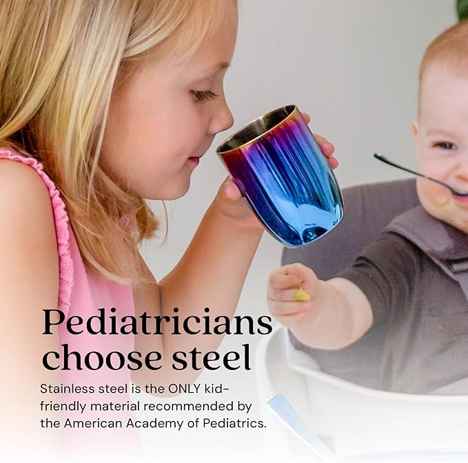 Ahimsa Stainless Steel Kids Cup - Pediatrician Designed Toddler Cups for Open Cup Training, 8oz, 100% BPA Free & Dishwasher Safe (Iridescent Blue Single)