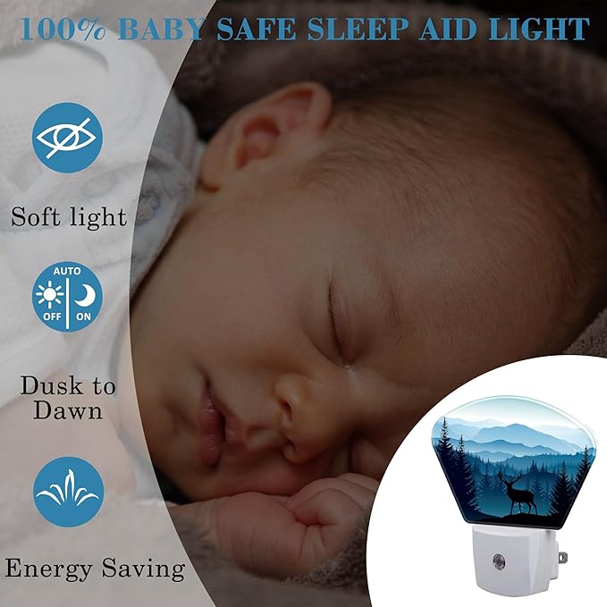 Blue Misty Mountains Plug in Night Lights, Deer Nightlight Plug Into Wall Dusk to Dawn Sensor for Kid Girls Boys Women Men Bedroom, Hallway, Kitchen, Bathroom, Stairs Decor