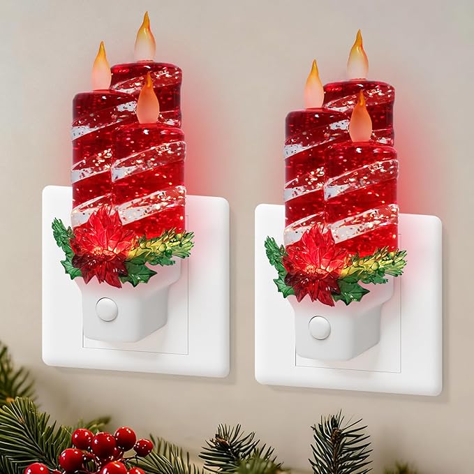2 Pack Christmas Candle Night Light Plug into Wall Glitter Water Nightlight with USB/Outlet Options, Christmas Decorative Nightlight for Bedroom Kitchen Nursery Holiday Decorations Gifts (Red Candle)