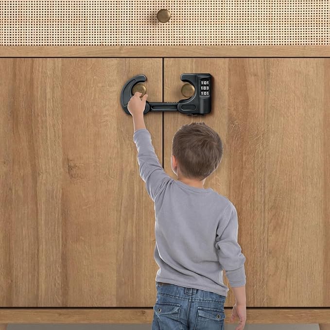 4 Pack Cabinet Locks with Combination Baby Proof Cabinet Door Lock Multifunctional Adjustable Child Safety Lock Knobs Door Lock for Home Refrigerator Doors Cabinet Knobs Double-Door Cabinet (Black)