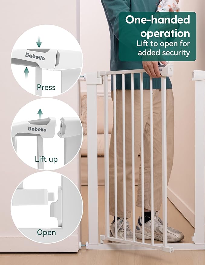 BABELIO 36" Tall Narrow Baby Gate, 26-28.5" Wide Auto-Close Metal Pet Gate for Small Stairs/Doorways/Hallways, Pressure/Hardware Mounted for Child and Pets, NO Extensions, White