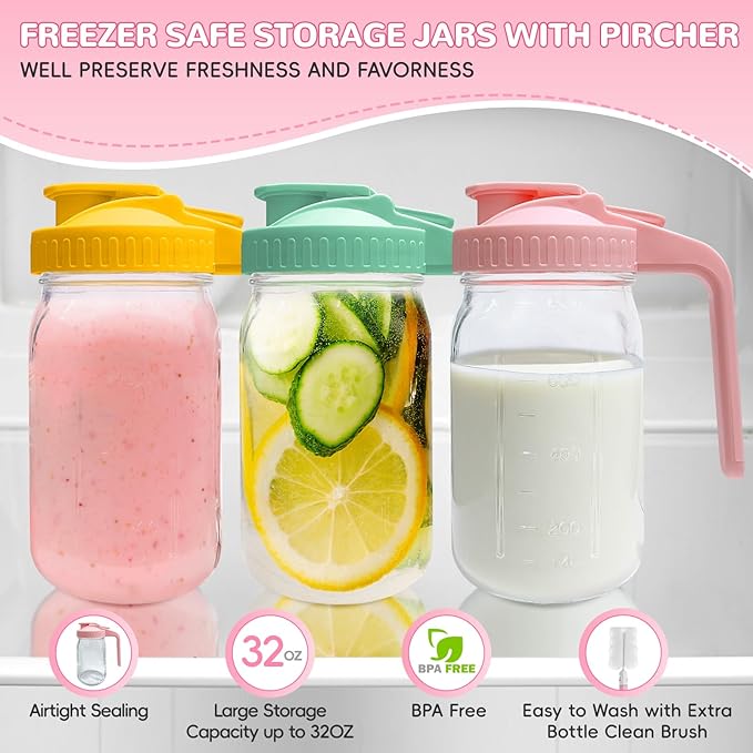 2 PACK Breast Milk Pitcher 32OZ Glass Breastmilk Pitcher with Lids Leak-proof Wide-mouth Storage Jars for Breastmilk, Resistant to Heat or Cold, Freezer-safe (Yellow)
