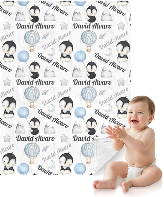 Ship Next Day Personalized Baby Blanket, Printed in USA - Custom Name Toddler Blanket with Penguin Pattern, Personalized