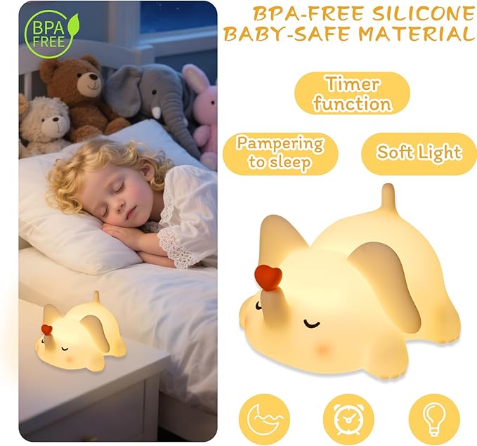 Elephant Night Light for Kids, Silicone Squishy Lamp with Touch Control 3-Level Dimmable, Auto-Off Timer, Rechargeable Nursery Light, Baby Gift (Soft White)