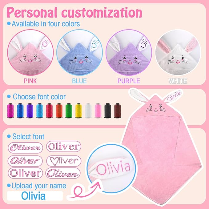 Custom Hooded Bath Towel with Name, Personalized Highly Absorbent Bunny Towels, Baby Bath Towels for Girls Boys, Christmas Brithday Shower Gifts for Baby, Toddler, Newborn (Pink)