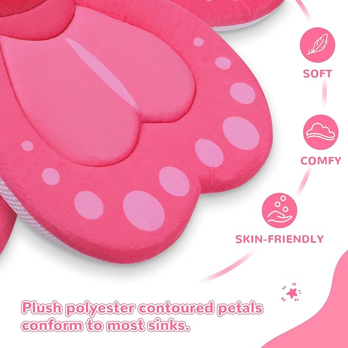 Flower Baby Bath Pad - Ultra Soft Infant Bathtub Mat with Non-Slip Petal Design, Newborn Bathing Lounger Insert for Sink or Tub, Pink Butterfly Theme