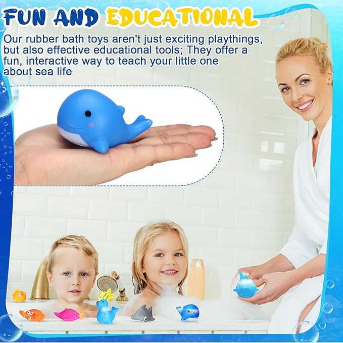 Poen 100 Pcs Rubber Bath Toys Bulk Cute Sea Animals Bathtub Toys Floating Ocean Squeaky Animals for Birthday Party Supplies Summer Pool Favors Baby Shower Classroom Carnival Prizes, 10 Styles
