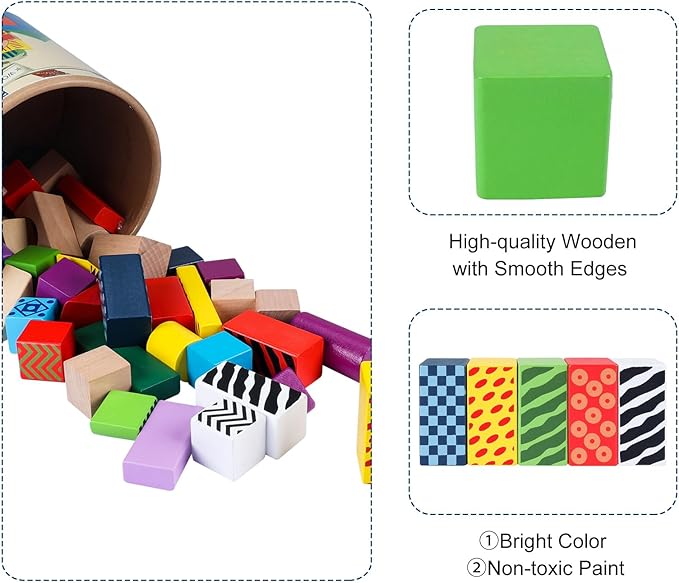 50 Pcs Wooden Building Blocks Set with Storage Bucket, Montessori Stacking Blocks & Shape Sorting Toys for Toddlers, Preschool Learning Toys for Boys & Girls, Kids Brightly Colored Blocks