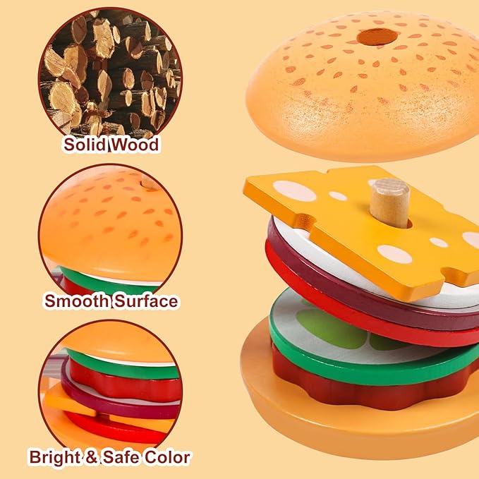 Montessori Toys for 2, 3 Year Old, Wooden Burger Sandwich Stacking Toys for Toddler Educational Toys Fine Motor Skills Foods Preschool Learning Blocks Gifts Boys Girls