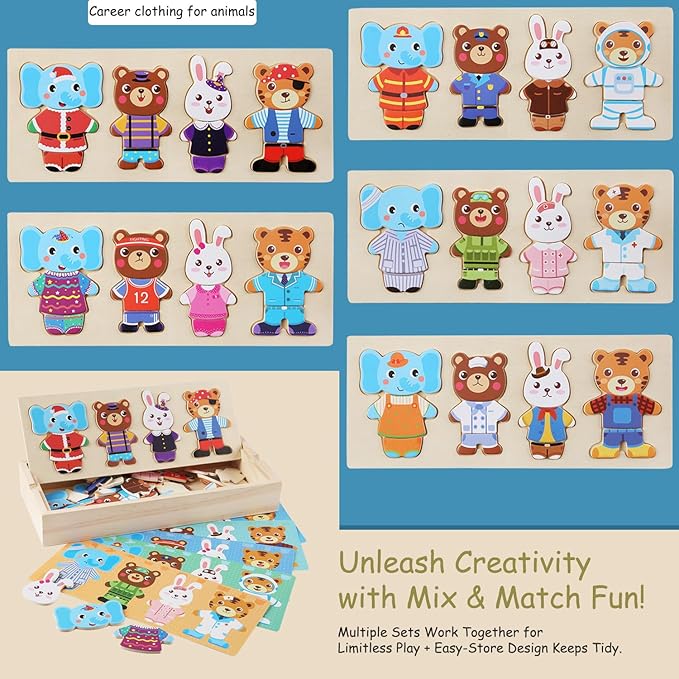 Wooden Jigsaw Bear Family Puzzle Box, Dressing Puzzles Toys, Dress-up Puzzle Set（72 pcs） (Mixed)