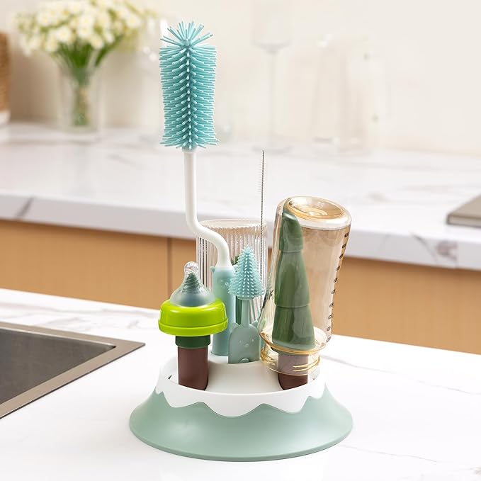 Chemimoso Baby Bottle Drying Rack and Cleaning Set, with Spinning Silicone Baby Bottle Brush, Pacifier Brush, Straw Brush, Cup Lid Cleaning Brush, 2025 Xmas Holiday Surprise Gift for Newmom, Blue