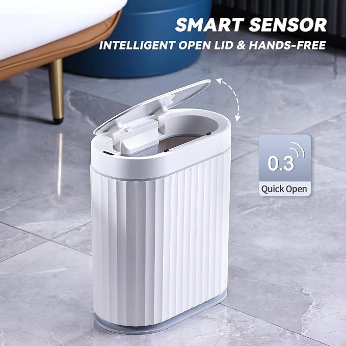 ELPHECO Bathroom Motion Sensor Trash can 2 Gallon Automatic Garbage Can, Slim Plastic Smart Trash Can with Lid, Commercial Intelligent Trash Bin for Bedroom, Bathroom, Office, White with Grey Trim