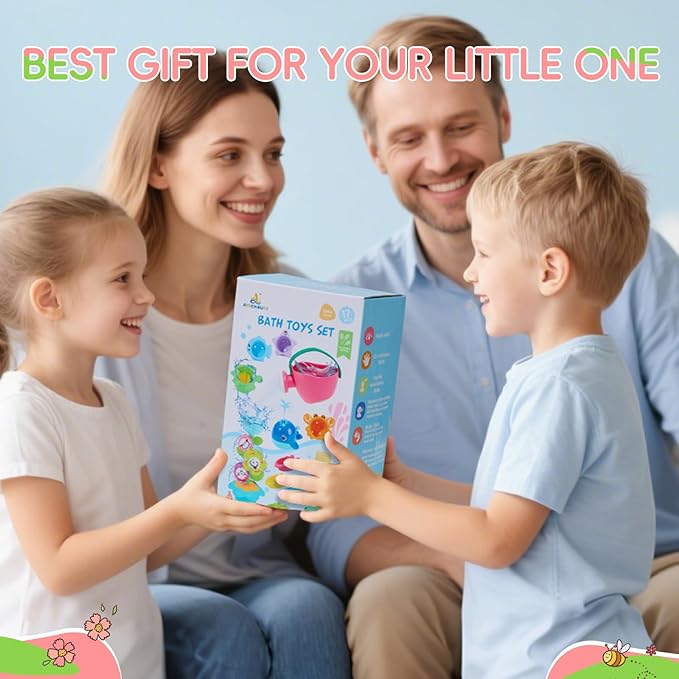 Mold Free Bath Toys for Kids Ages 1-3, 17PCS Easy Clean & Colorful Baby Bath Toys for Toddlers 2-4 with Stacking Cups Fun Bathtub Pool Water Table Toys for Baby and Toddler Christmas Stocking Stuffers