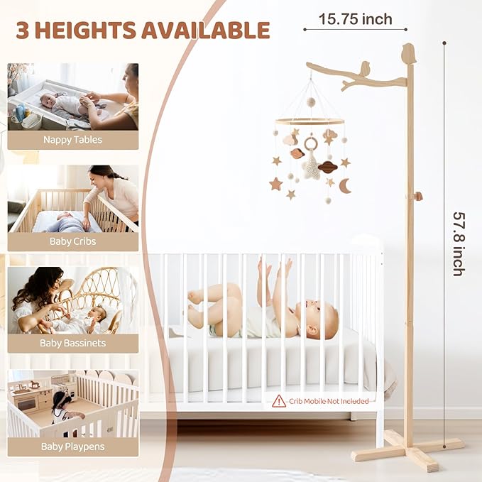 Floor Standing Crib Mobile Arm 57.8 Inch Wooden Baby Mobile Arm for Crib Movable Baby Mobile Hanger with Hook Anti-Dumping Baby Mobile Holder Floor Stand Nursery Decor