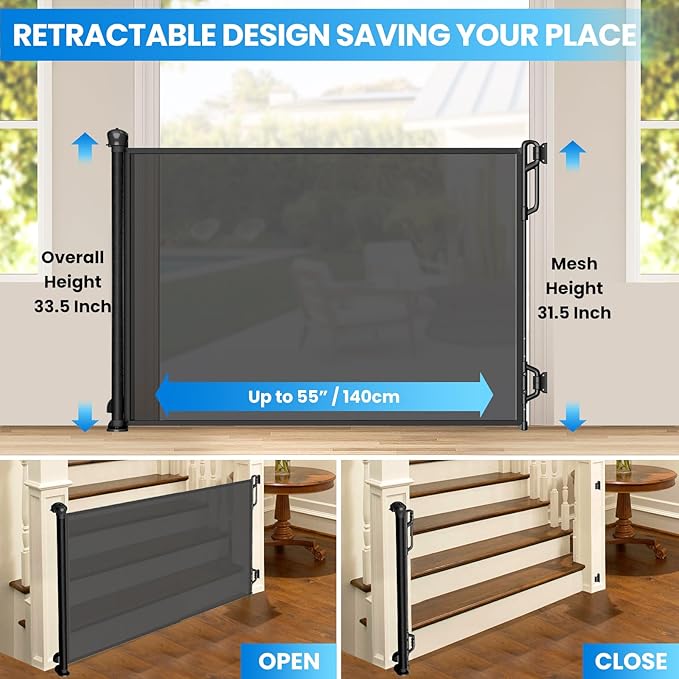 Retractable Safety Baby Gate or Mesh Dog Gate,Durable Portable Mesh Retractable Gate,Easy to Use for Stairs, Doorways, Hallways, Indoor, Outdoor, 33.5" Tall, Up to 55" Wide, Black