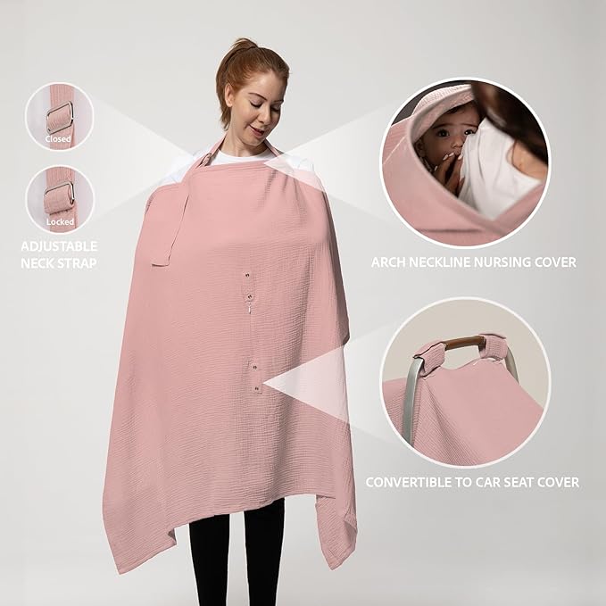 Nilsa 5-in-1 Muslin Nursing Cover up for Breastfeeding & Baby Car Seat Cover - Breathable Breastfeeding Cover With Rigid Hoop - 100% Cotton Privacy Apron Breast Feeding Covers For Women (Blush)