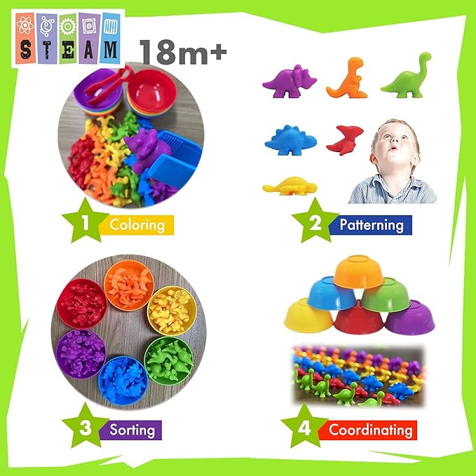 UNIQUE KIDS Counting Educational Learning Toy Set with Sorting Cups - Engaging Sensory Color Classification Training Game for Toddlers Preschoolers Ages 3 Years and Up (Dinosaurs)