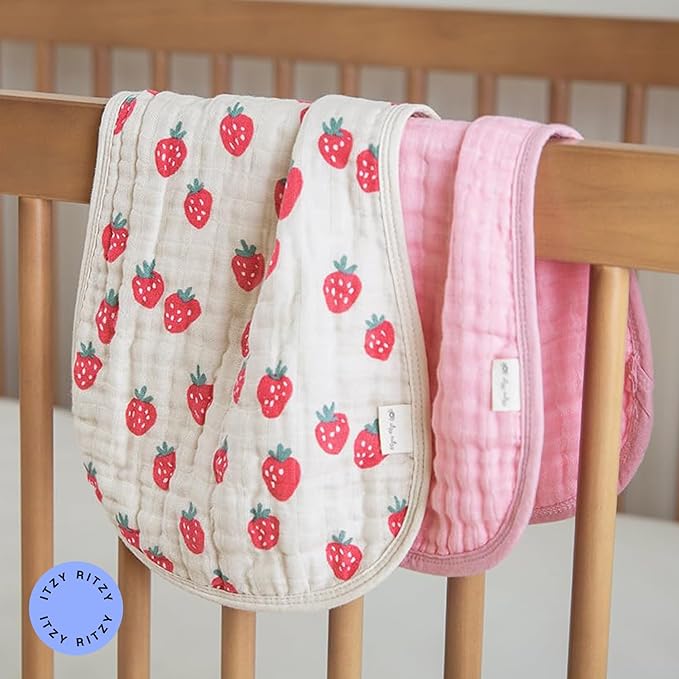 Itzy Ritzy Set of 2 Baby Burp Cloths – Ultra-Soft Absorbent Burping Cloths for Babies - Made of 100% Cotton Muslin and Generously Sized with Trendy Coordinating Prints – Machine Washable (Strawberry)