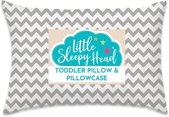 Little Sleepy Head Toddler Pillow with Pillowcase 13x18 - Kids Pillow for Sleeping - Better Neck Support Ergonomic Pillow and Toddler Pillowcase - Best Pillows for Kids (Chevron Gray)
