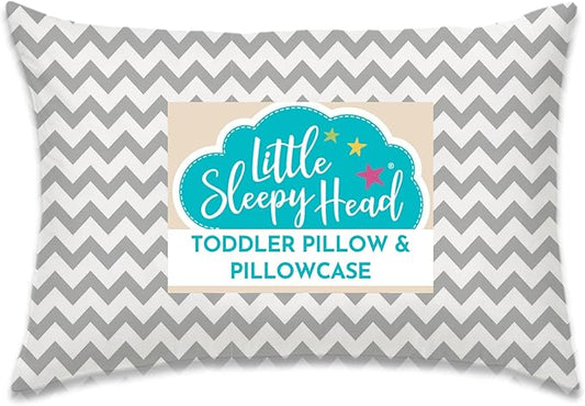 Little Sleepy Head Toddler Pillow with Pillowcase 13x18 - Kids Pillow for Sleeping - Better Neck Support Ergonomic Pillow and Toddler Pillowcase - Best Pillows for Kids (Chevron Gray)