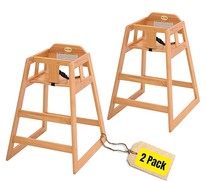 Alpine Wooden High Chairs for Babies and Toddlers with Safety Strap, Commercial Grade Restaurant High Chair, Durable Wood Space Saver Baby Feeding Chair, Ideal for Dining Spaces (2 Pack, Oak)