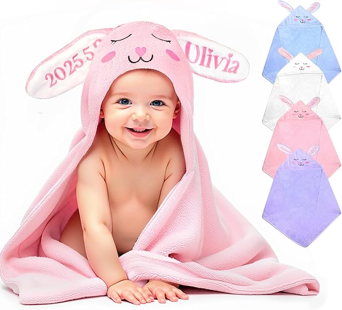 Custom Hooded Baby Towel with Name, Personalized Soft Absorbent Bunny Bath Towel, Shower Towels for Girls Boys, Easter Brithday for Baby, Toddler, Newborn Essential