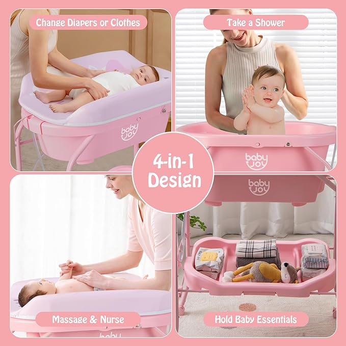 BABY JOY Baby Bathtub with Changing Table, Foldable Infant Diaper Changing Station with Storage Tray, Waterproof Pad, Portable Newborn Nursery Organizer Bath Stand with 4 Universal Wheels (Pink)