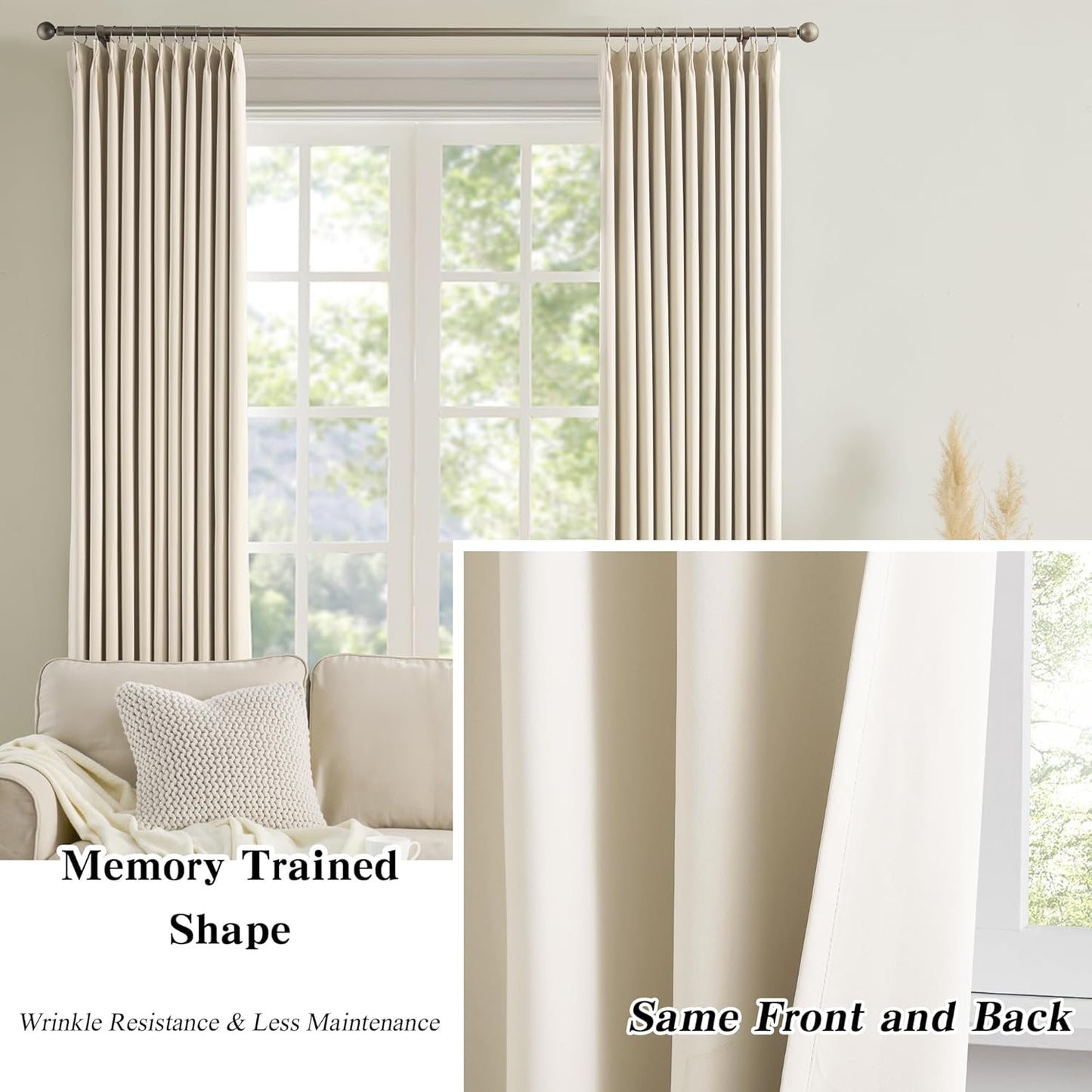 KEQIAOSUOCAI Pleat Patio Sliding Door Curtains 100 Wide x 90 Long Cream Beige Drapes 2 Panels Room Divider Curtain,Wide Width Thermal Insulated Room Darkening Window Treatment for Living Room