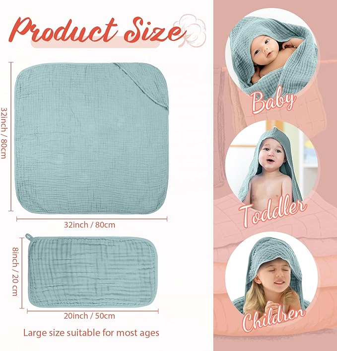 VitalCozy 8 Pcs Baby Muslin Hooded Bath Towels and Washcloths, 32 x 32 Inch Muslin Cotton Hooded Baby Towels Absorbent Blankets for Gift Newborn Infant Shower (Classical Color)