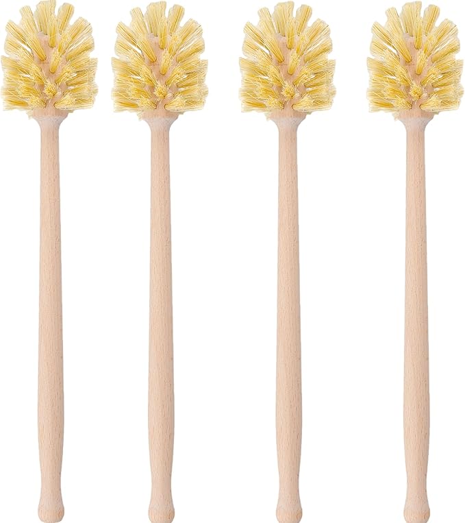 HAKZEON 4 Pack Wood Bottle Brush 14 Inch Extra Long Beechwood Handle and Sisal Bristles, Kitchen Bottle Brush for Scrubs Wide Mouth Jars, Cups, Tumblers, Dishes, Vases