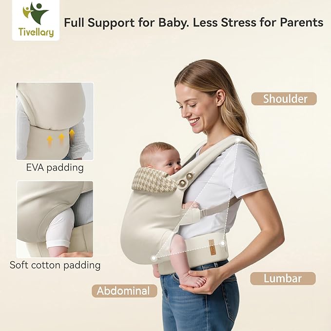 Reversible Baby Carrier, Khaki Solid & Houndstooth; Lightweight & Breathable Lyocell Fabric; Ergonomic Lumbar Support and Quick Hands-Free Wear for Newborn to Toddler (7–44 lbs)