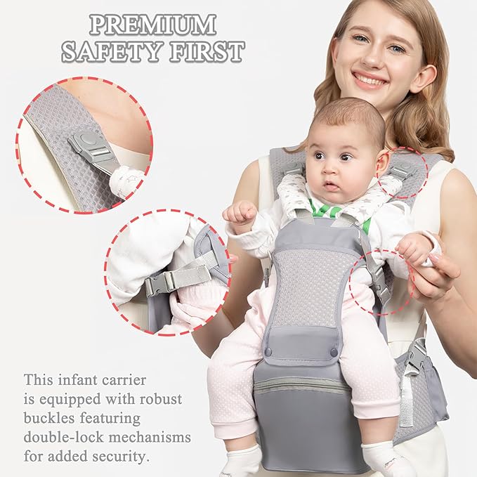 Baby Carrier with Hip Seat for Newborn to Toddler, 6-in-1 Ergonomic Infant Carrier for 0-36 Month Baby, All Positions Soft Breathable Mesh Wrap Carrier with Waist Stool, Baby Holder-Grey