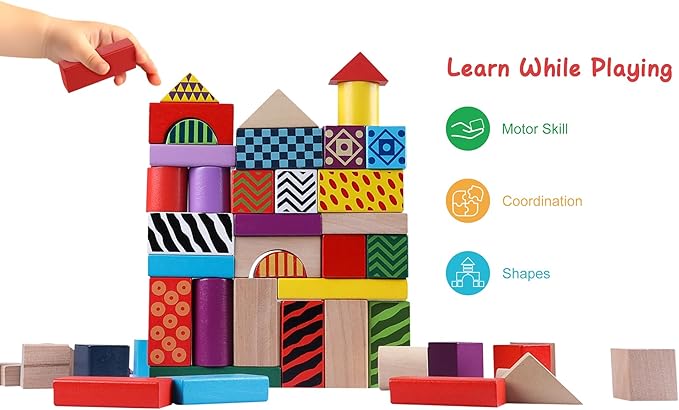 50 Pcs Wooden Building Blocks Set with Storage Bucket, Montessori Stacking Blocks & Shape Sorting Toys for Toddlers, Preschool Learning Toys for Boys & Girls, Kids Brightly Colored Blocks