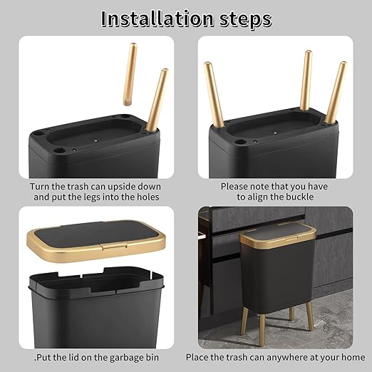 Procade Office Trash Can with Lid, Black Bathroom Trash Can with Gold Edge, Modern Narrow Garbage Can with Legs, Slim Plastic Trash Bin for Bedroom, Living Room,Kitchen,Toilet, 4 Gallon