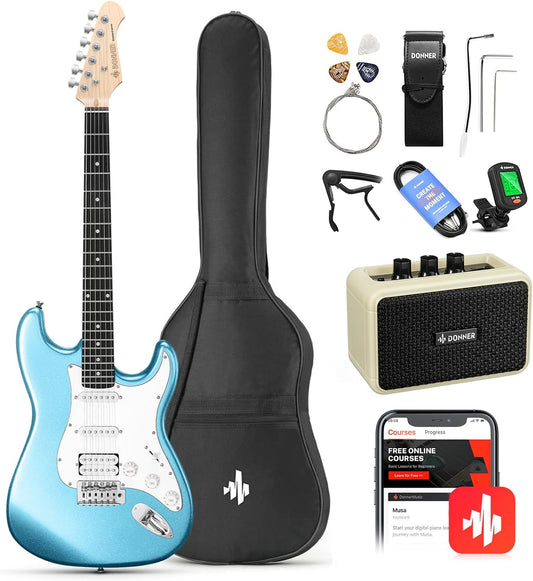 Donner DST-100T 39 Inch Electric Guitar Beginner Kit Solid Body Full Size Lake Blue HSS Pick Up for Starter, with Amplifier, Bag, Digital Tuner, Capo, Strap, String,Cable, Picks